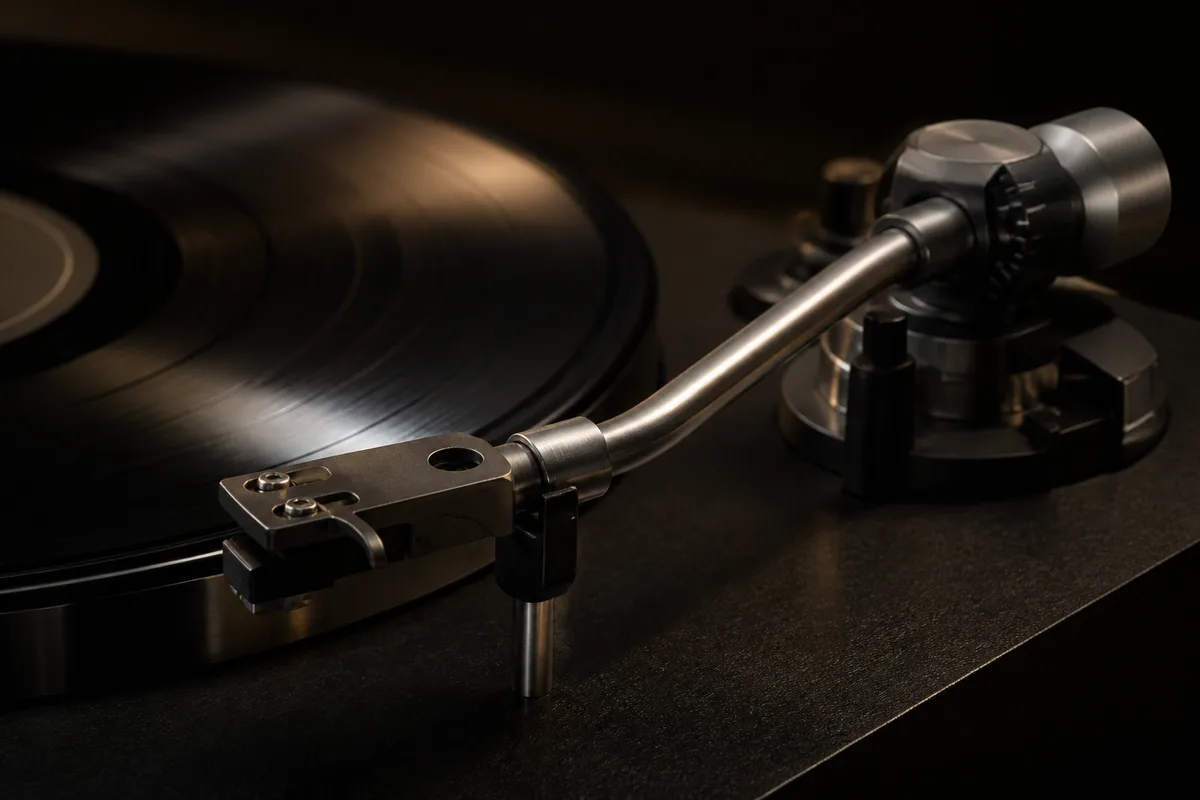 Bras de lecture d&rsquo;une platine vinyle posé sur le repose-bras, plateau en rotation