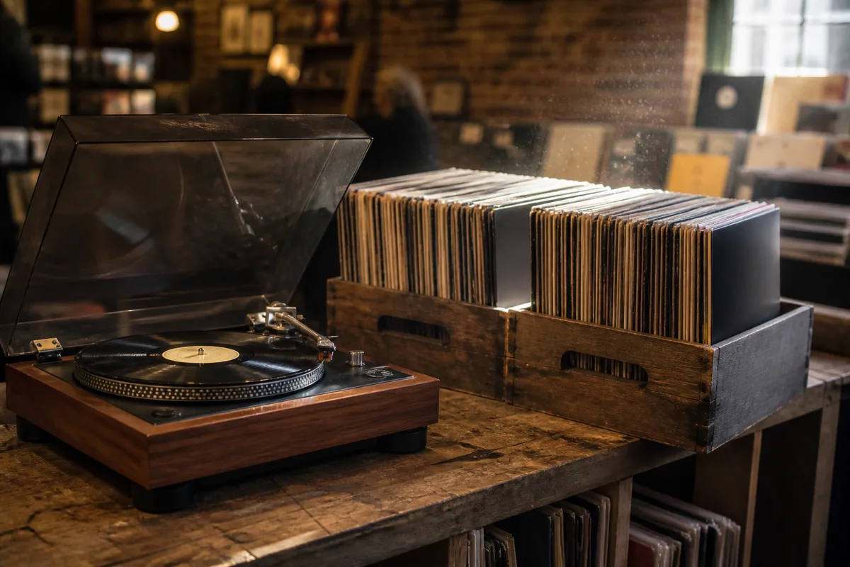 Platine vinyle vintage en bois posée à côté de bacs de disques d&rsquo;occasion