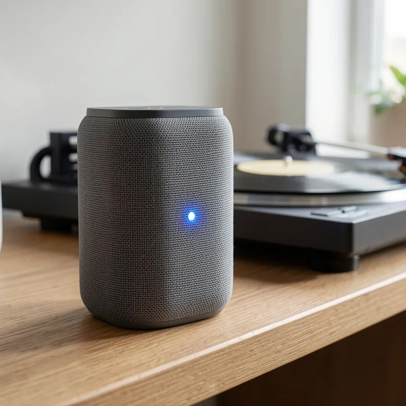 Enceinte sans fil posée sur une étagère près d&rsquo;une platine vinyle en cours de lecture