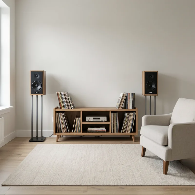 Deux enceintes actives placées de part et d&rsquo;autre d&rsquo;un meuble bas avec des disques rangés