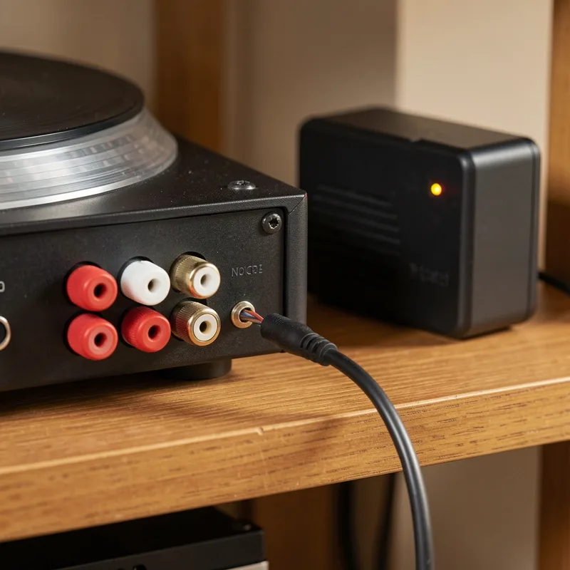 Petit émetteur Bluetooth relié par un câble RCA à l&rsquo;arrière d&rsquo;une platine vinyle