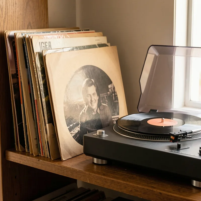 Disque vinyle noir posé sur une platine, bras de lecture et cellule effleurant les sillons
